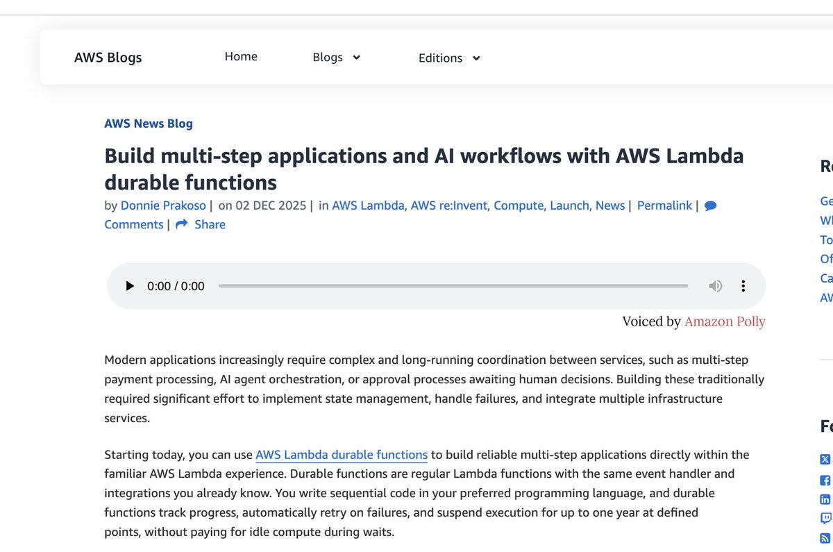 astuyve's tweet image. NEW: AWS Lambda Durable Functions are LIVE.

If you ever wanted to build step functions expressed as code, this launch is for you!