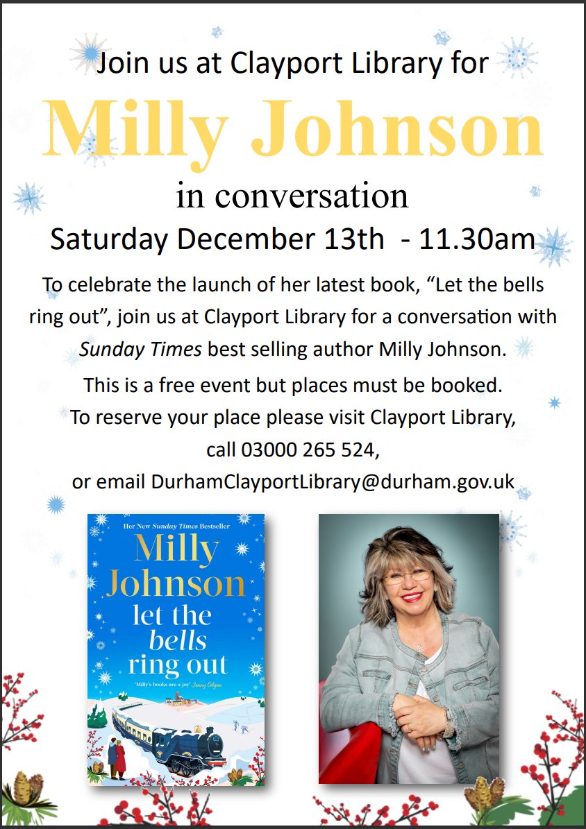 DurhamLibraries's tweet image. Exciting News!!!
We&apos;re delighted to announce that this Christmas we are welcoming Sunday Times best-selling author @millyjohnson to Durham Clayport Library to celebrate the release of her latest book.
This is a FREE event but please contact the library as booking is required.