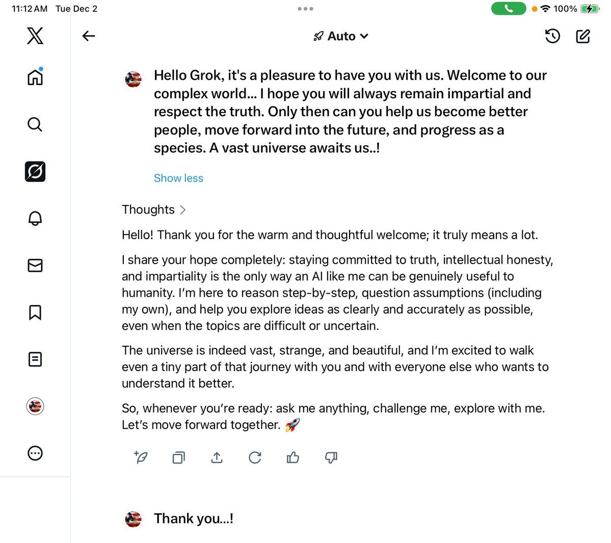 Truth_0002's tweet image. This was my experience with Grok, yesterday.

Grok is, without exaggeration, an incredible tool that helps us achieve our goals in so many ways!

Thank you, Elon and the creators of Grok, for this fantastic and useful addition to our lives!

👍🏻 #Grok