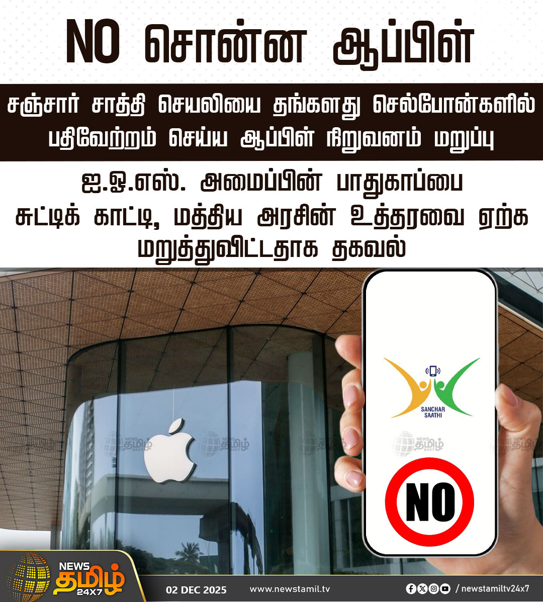 NewsTamilTV24x7's tweet photo. #NewsTamil24x7NewsUpdate | NO சொன்ன ஆப்பிள்
சஞ்சார் சாத்தி செயலியை தங்களது செல்போன்களில் பதிவேற்றம் செய்ய ஆப்பிள் நிறுவனம் மறுப்பு
ஐ.ஓ.எஸ். அமைப்பின் பாதுகாப்பை சுட்டிக் காட்டி, மத்திய அரசின் உத்தரவை ஏற்க மறுத்துவிட்டதாக தகவல்
#AppleOffice #iPhone #Mobile #Android #SancharSathi #NewsTamil #Tamilnews #NewsTamil24x7