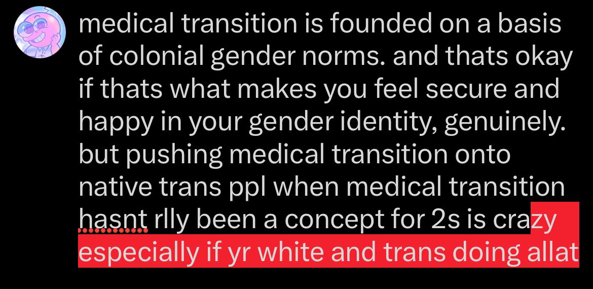 a take ive been sitting on but feeling is important since ive seen soooo many instances of white trans ppl making fun of 2s trans folk for not medically transitioning