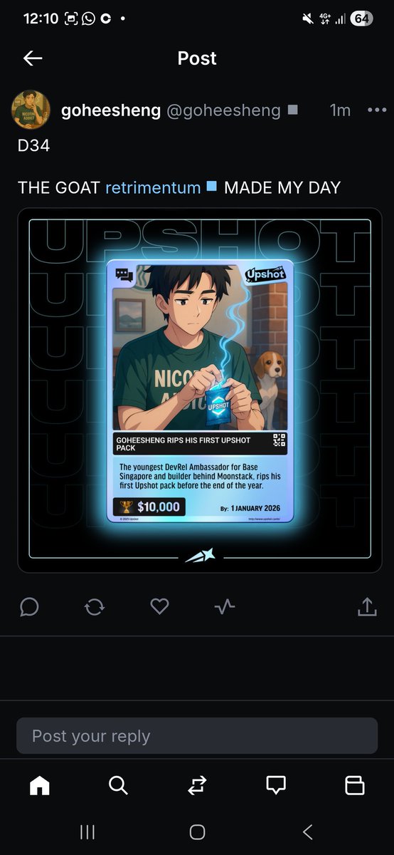 D34 <a href="/baseapp/">Base App</a>

Base Batches 002 Champion <a href="/retrimentum/">Retrimentum</a>. Met the Champ in <a href="/ns/">NS</a> for Founders House.

I have 10 early access codes for <a href="/upshot_cards/">Upshot</a> testnet. DM if you want them!

Gonna give exclusive access to players for <a href="/moonstackdotfun/">Moonstack</a> too. Stay tune.