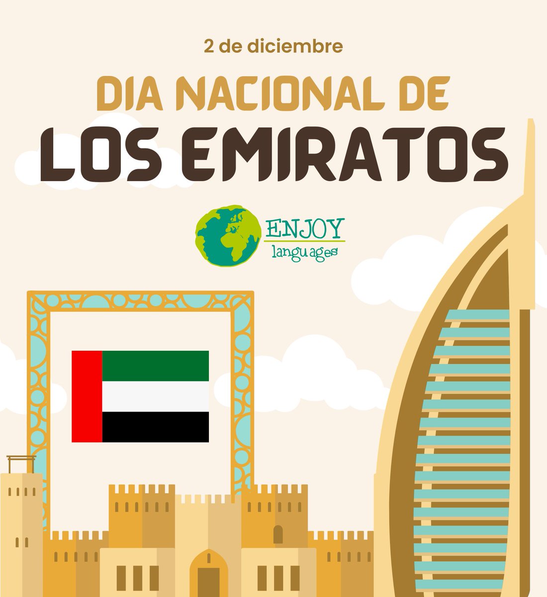 EnjoyLangTuxtla's tweet image. 🇦🇪 𝗗𝗶́𝗮 𝗡𝗮𝗰𝗶𝗼𝗻𝗮𝗹 𝗱𝗲 𝗹𝗼𝘀 𝗘𝗺𝗶𝗿𝗮𝘁𝗼𝘀 𝗔́𝗿𝗮𝗯𝗲𝘀 𝗨𝗻𝗶𝗱𝗼𝘀
El 2 de diciembre conmemora la unificación de los 7 emiratos que conforman esta nación mundialmente famosa por su progreso, visión y un futuro aún más prometedor #UAENationalDay #ProudToStudyInUAE