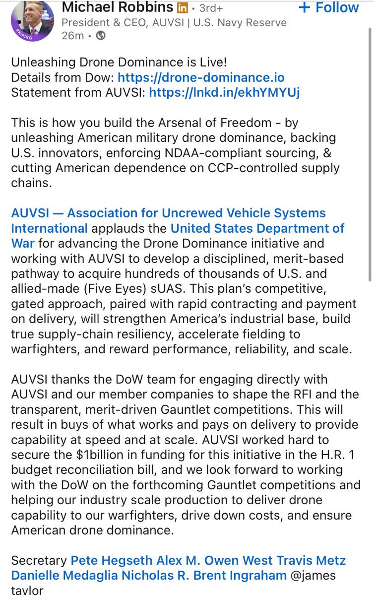 BMSInvests's tweet image. $ONDS

Department of War: Unleashing Drone Dominance is Live!

💰 $1bn on small, lethal drones over the next two years.
🪖 25 vendors in Gauntlet I, starting Feb 2026.
🗓️ Other key dates for the diary.

Time for the Wåsp🐝..