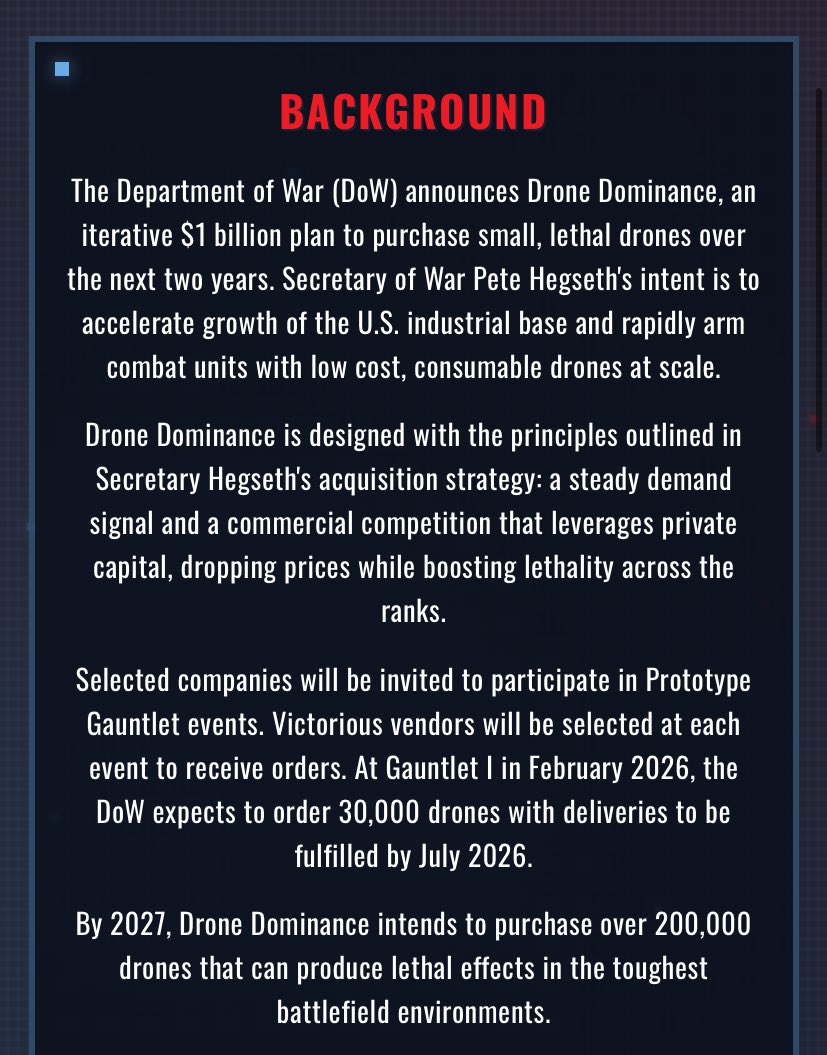 BMSInvests's tweet image. $ONDS

Department of War: Unleashing Drone Dominance is Live!

💰 $1bn on small, lethal drones over the next two years.
🪖 25 vendors in Gauntlet I, starting Feb 2026.
🗓️ Other key dates for the diary.

Time for the Wåsp🐝..