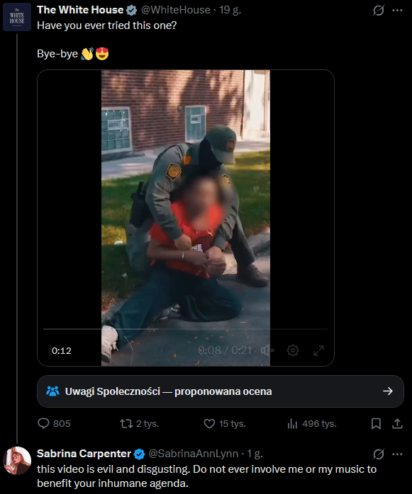 musicnewsfactpl's tweet image. Sabrina Carpenter krytykuje Biały Dom za użycie jej piosenki &quot;Juno&quot; w nagraniu promującym ICE

&quot;Ten film jest ohydny i odrażający. Nigdy nie angażujcie mnie ani mojej muzyki w realizację swoich nieludzkich celów&quot;