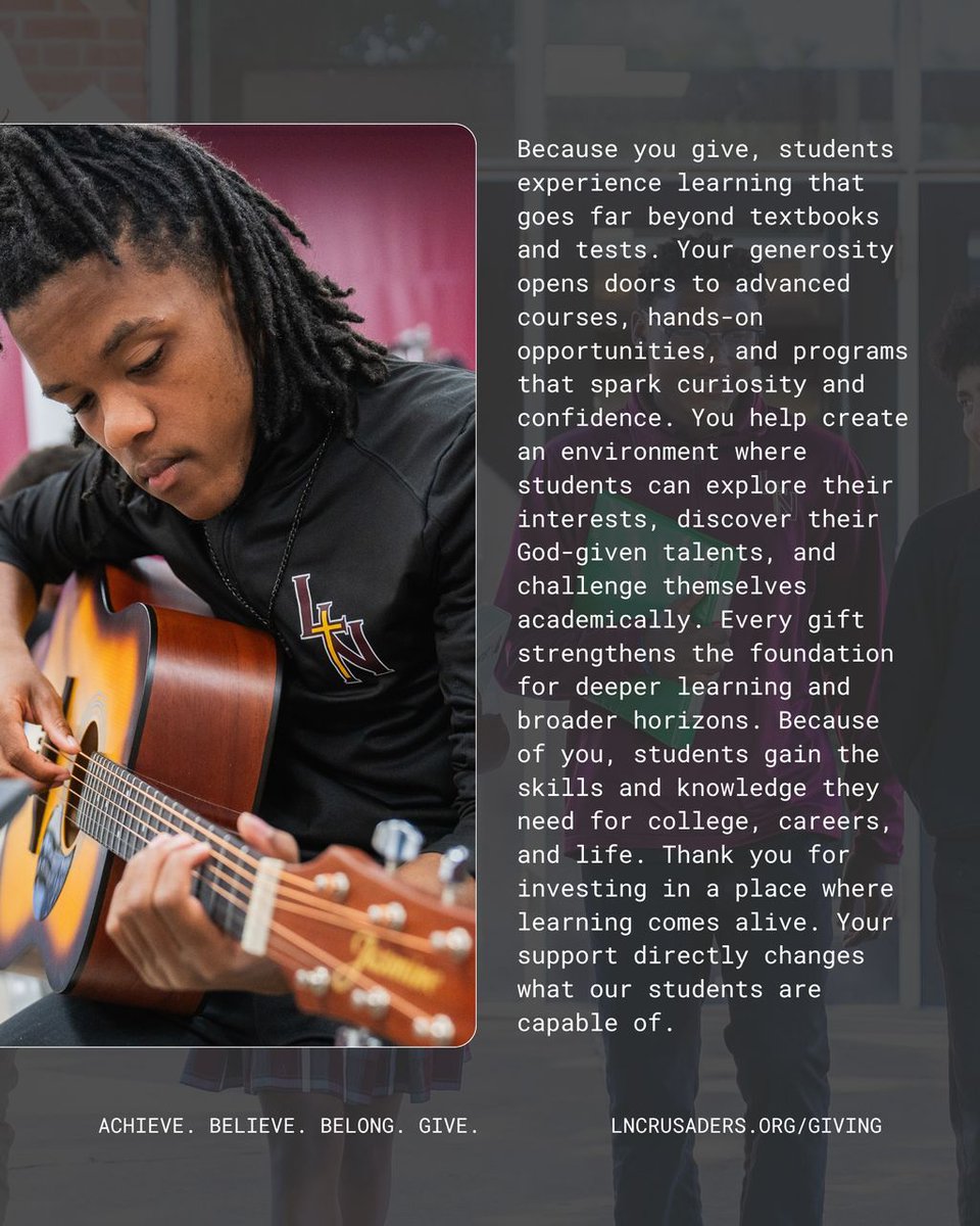 lncrusaders's tweet image. Because You Give… We Can Learn Things We Never Would Have Before
Because you give, our students are exploring new subjects, discovering their strengths, and growing in ways they never imagined. 

Make your gift today: buff.ly/N0ulxPT
#AchieveBelieveBelongGive #LN