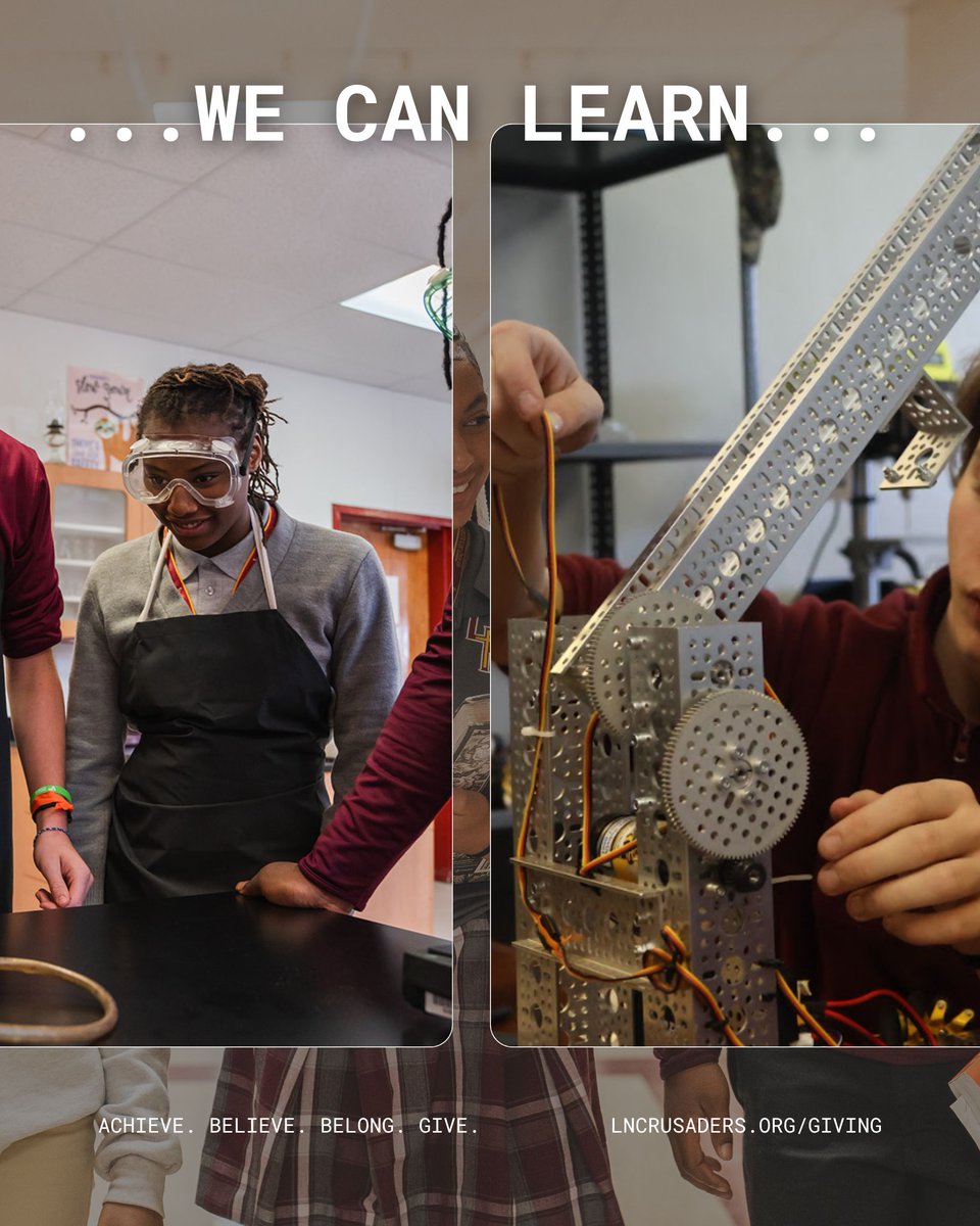 lncrusaders's tweet image. Because You Give… We Can Learn Things We Never Would Have Before
Because you give, our students are exploring new subjects, discovering their strengths, and growing in ways they never imagined. 

Make your gift today: buff.ly/N0ulxPT
#AchieveBelieveBelongGive #LN
