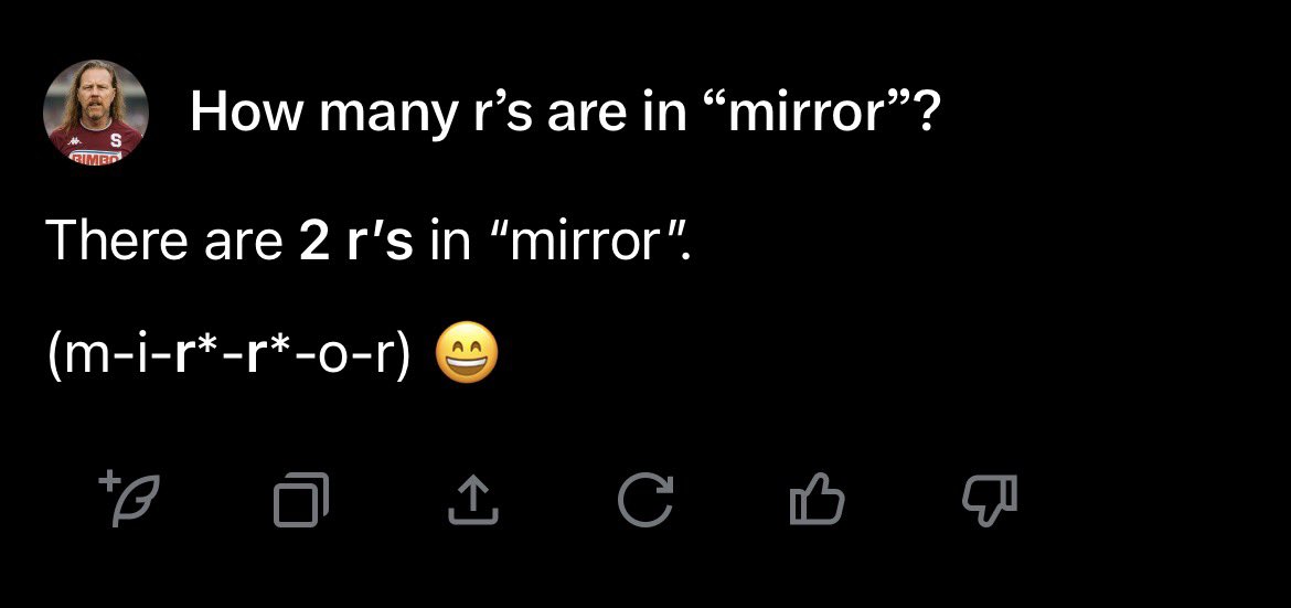 alacedro's tweet photo. Le pregunté a Grok, Gemini y Copilot cuántas “erres” hay en “mirror” y todas me dijeron que 2 🤣🤣🤣 https://t.co/7NMJ6lrNWF