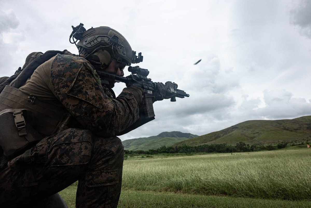 PRus51's tweet image. A U.S. Marine with 22nd Marine Expeditionary Unit engages a target during a stress shoot on Camp Santiago, Puerto Rico. U.S. military forces are deployed to the Caribbean in support of the #SOUTHCOM mission, U.S. Department of War-directed operations, and the president&apos;s…