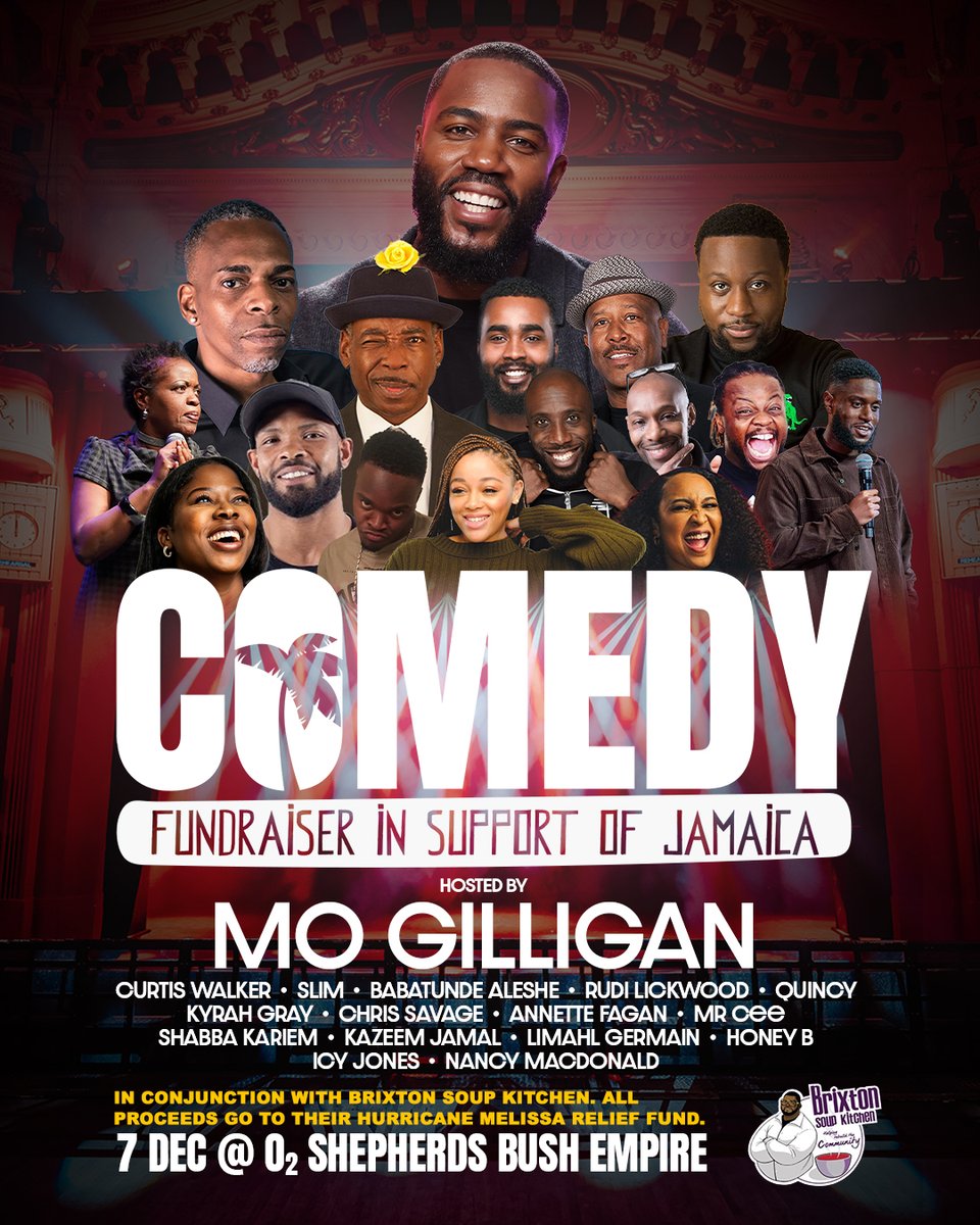 O2SBE's tweet image. It&apos;s not long until @MoTheComedian &amp;amp; Friends take over #O2ShepherdsBushEmpire on Sun 07 Dec for a powerhouse night of comedy supporting vital relief efforts for Jamaica, in conjunction with Brixton Soup Kitchen 🎤

Grab your tickets 👉 amg-venues.com/R7YF50XALkl
 #MoGilligan