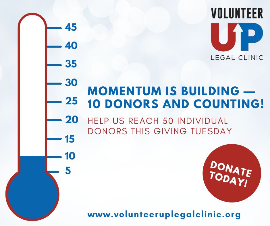 10 donors and counting!
We’re so grateful to everyone who’s helping us reach our goal of 50 individual givers by Giving Tuesday.

Help us cross the finish line ➡️ volunteeruplegalclinic.org/donate-now

#GivingTuesday #VolunteerUP
