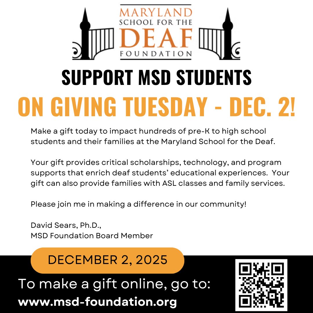 Join us in supporting the MSD Foundation this Giving Tuesday!

Your generous contribution supports scholarships, technology, and programs for MSD students from birth to 21, and expands access to ASL classes for families.

Make your gift online at msd-foundation.org.