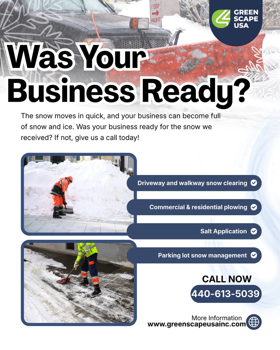 Gscapeusainc's tweet photo. The Snow Came Down! 
Was your business ready to greet customers this morning with clear walk ways and open parking spots? If not give us a call today to get your quote. 440-613-5039
#snow #removal #greenscape #parma #yearroundservice https://t.co/hL4EyIXQkc