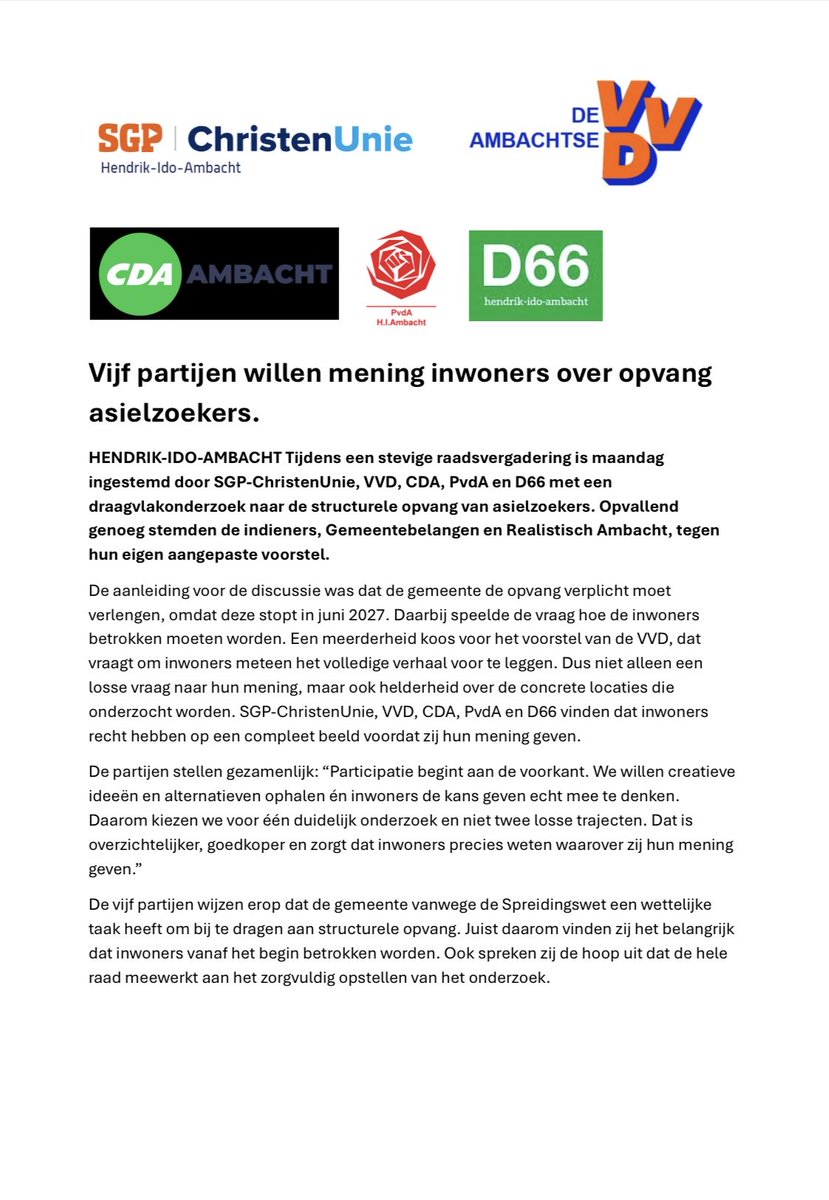 Persbericht namens vijf raadsfracties naar aanleiding van het met meerderheid van stemmen aangenomen geamendeerde initiatiefvoorstel tijdens de raadsvergadering van maandag 1 december.
