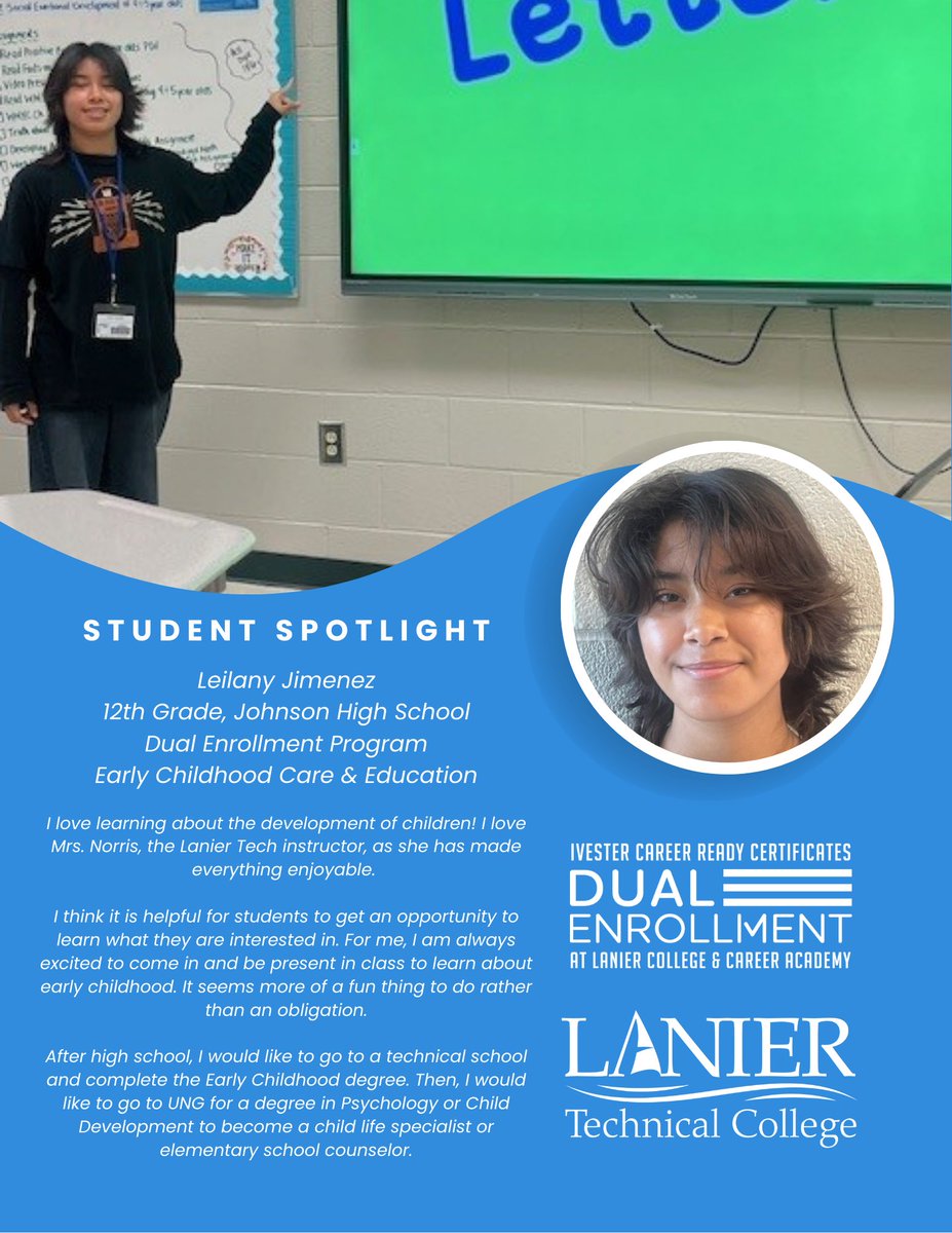 LCCA_HS's tweet image. Shout out to @DualLcca #spotlight #student Leilany Jimenez👏🙌🙌  Leilany; #senior @johnsonknights @Hall_Schools Dual Enrollment #student @LanierTech @EarlyCollegeHC ✅ Goals are #college W/ #career goal of #elementaryschool #counseling or a Child Life Specialist☑️ @GeorgiaCTAE