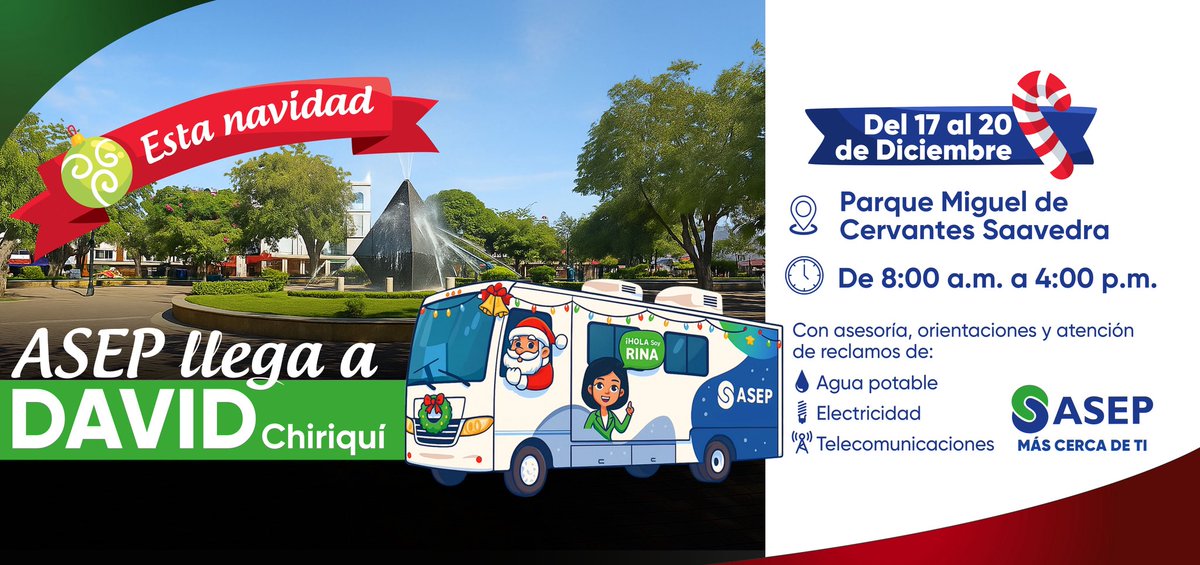 Aunque no venimos en el trineo de Santa, nuestra ASEP Móvil llega a David cargada de ilusión y alegría para atenderte.
Estaremos para escucharte, orientarte y acompañarte en todo lo relacionado con tus servicios públicos. 
#ASEPMásCercaDeTi