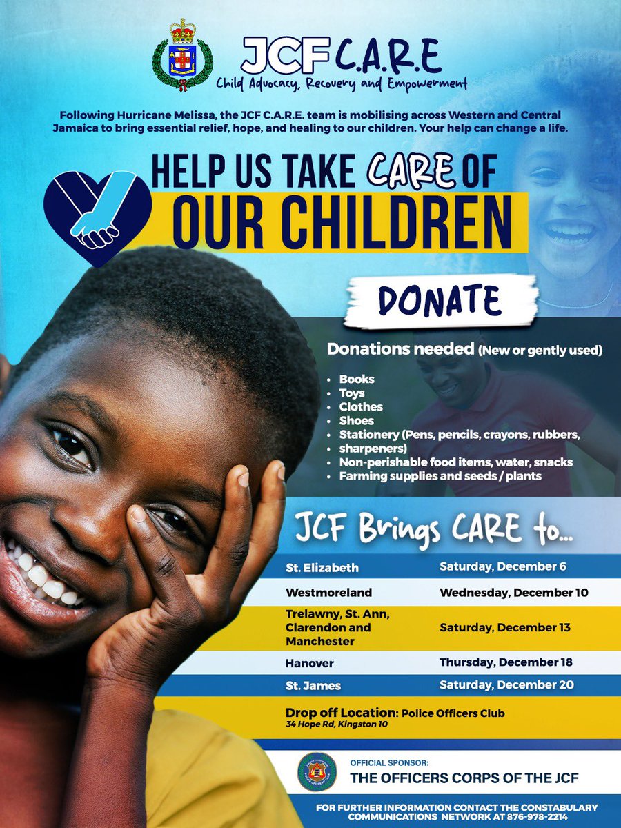 JamaicaConstab's tweet image. As we continue to touch the lives of our children that were severely affected by Hurricane Melissa, we are encouraging you to do the same.

Join the Jamaica Constabulary Force CARE programme by donating books, toys, clothes, shoes etc. for our children. The drop location is at…
