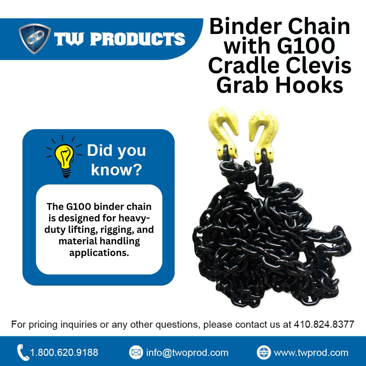 TW_Products's tweet image. Featured: Our G100 3/8&quot; x 20&apos; binder chain with TW Cradle Clevis Grab Hooks. Built for heavy-duty lifting, rigging, and material handling. 🔗💪
Shop hardware you can trust: 410-824-8377 | marketing@twprod.com

#rigginghardware #heavylifting #twproducts #g100
