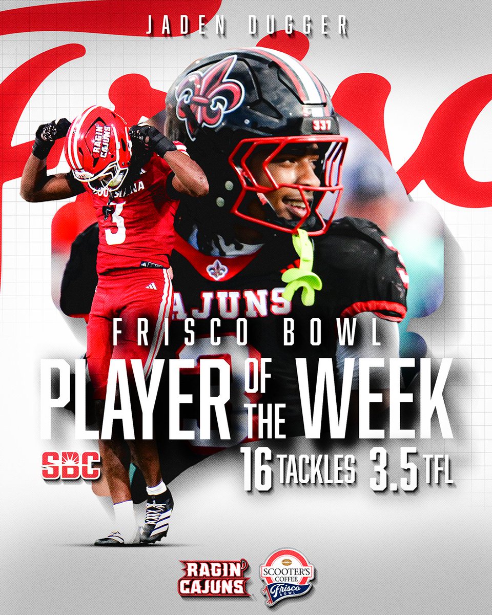 We’re proud to announce Louisiana's Jaden Dugger as our Week 14 Defensive Player of the Week! Dugger racked up 16 tackles, including 3.5 for loss, in a win over ULM.

#FriscoBowl | #cULture | #GeauxCajuns