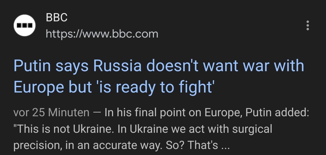 geosnark's tweet image. 👉 Präsident Putin: &quot;Ich werde mit Europa keinen Krieg führen, aber wenn Europa will – wir sind dazu sofort bereit&quot;

👉 Präsident Putin: &quot;Russland befindet sich nicht im Krieg mit der Ukraine: Es handelt sich lediglich um gezielte chirurgische Maßnahmen&quot;

#Ukraine #Liveblog
