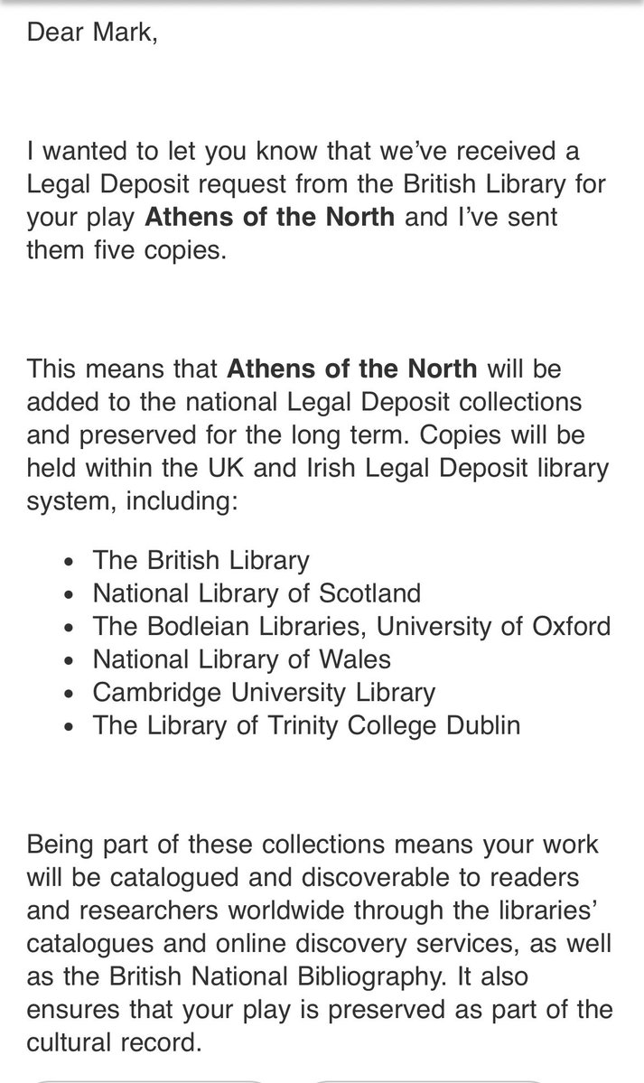 What a wonderful Tuesday for random news. Athens of The North, my debut play, will now be preserved as part of the cultural record at the British Library amongst other treasured institutions. I am immensely proud. 
If you’d like your own copy, the link is in my bio. 

#Playwright