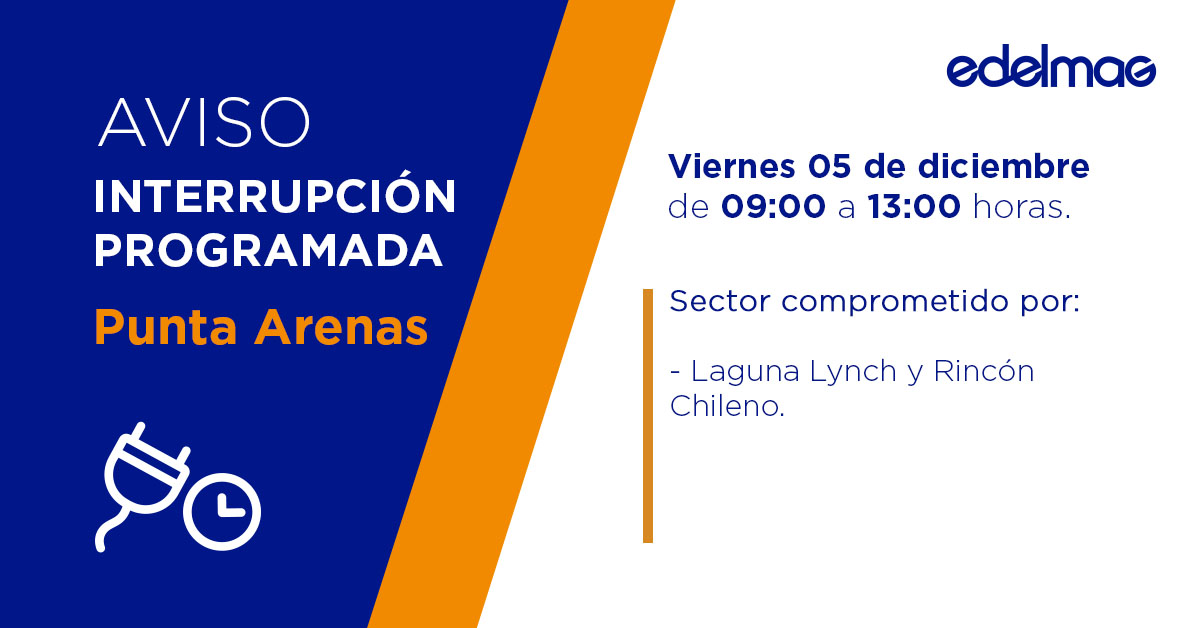 edelmag_sos's tweet image. Recuerda que este viernes, 05 de diciembre, se realizará una #InterrupciónProgramada en la comuna de #PuntaArenas, debido a trabajos de mantenimiento a la red de distribución, en los horarios y sectores que se indican: