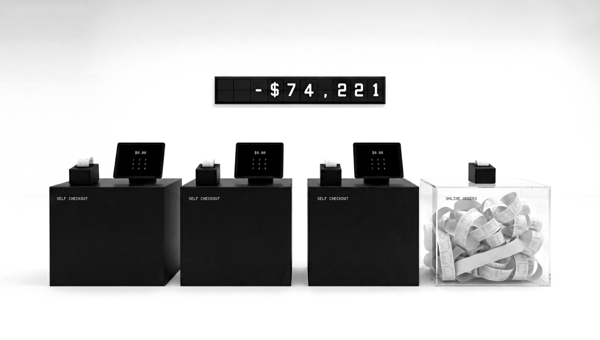 jackbutcher's tweet image. Pay what you want.
Your receipt is the artwork.  
Payment amount equals receipt length.  

Live display tracks whether the artist recoups $74,211 in production costs or takes a public loss.