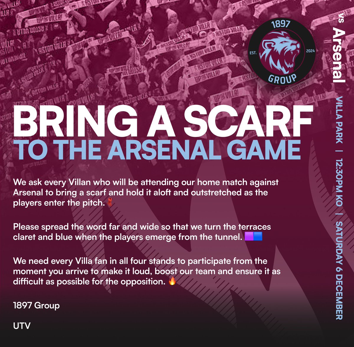 VP1897's tweet image. 🚨 BRING A SCARF TO THE ARSENAL GAME 🚨 

Please share and spread the word to those who aren’t on social media etc 🙏 

#avfc #utv #1897Group #AVLARS