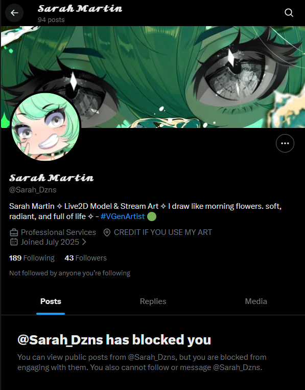 Ugh, my work as a small artist got stolen like it’s nothing!! They duplicated my profile, added filters like it’s theirs, reposted my art raffle portfolio, and even blocked me. So freaking annoying!!    

please welcome <a href="/Sarah_Dzns/">𝓢𝓪𝓻𝓪𝓱 𝓜𝓪𝓻𝓽𝓲𝓷</a>