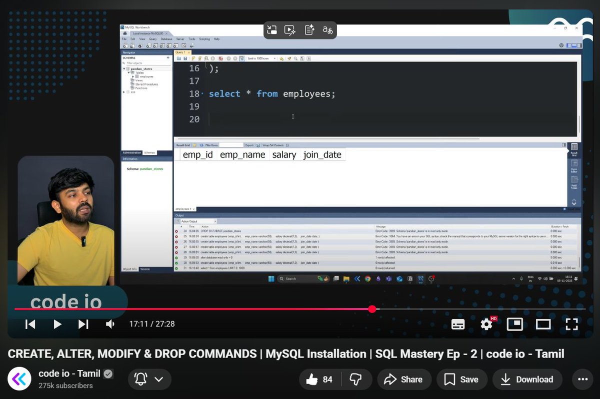 4bhionX's tweet image. Day 1 of #100DaysOfCode  
[4-Hour Session]  
- JavaScript [2 Hours]  
  • Revised basic concepts: how the internet works, HTML, CSS, and basic JS  

- SQL [2 Hours]  
  • Learned about different types of databases, their purposes, SQL providers, and more