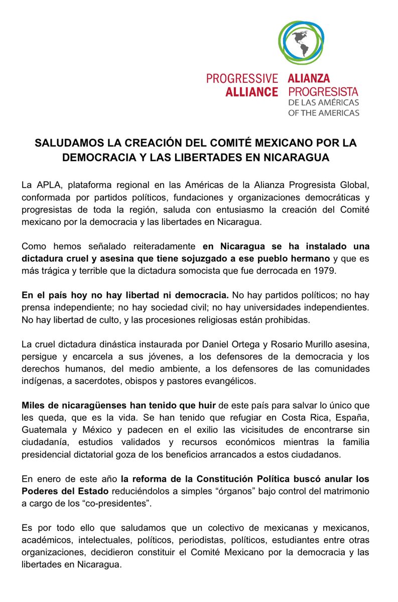 APLAProgresista's tweet image. COMITÉ MEXICANO POR LA DEMOCRACIA Y LAS LIBERTADES EN NICARAGUA 🇲🇽🤝🇳🇮

Frente a la dictadura dinástica de Ortega y Murillo es necesario alzar la voz!

Saludamos la constitución de este comité y exigimos garantias democráticas y vigencia de los derechos humanos en Nicaragua!
