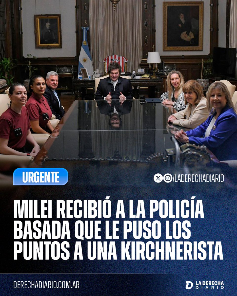 🇦🇷 | El presidente Javier Milei recibió en Casa Rosada a la policía basada que le puso los puntos a una kirchnerista y la respaldó tras el episodio donde fue filmada defendiendo el orden y se hizo viral por su frase: "Fílmeme señora, así mi Presidente me ve que estoy trabajando".