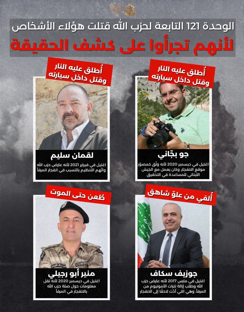EXCLUSIVE 🔴

The IDF reveals: This is how Hezbollah’s Unit 121 carried out the assassinations of figures who threatened to expose the terrorist organization’s role in the Beirut port explosion.

The IDF reports that Hezbollah’s Unit 121 assassinated four well-known Lebanese