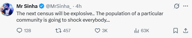 See quoted post and pic posted today. Campaign for gen elections started...with rumours now, real census findings before 2029 to put fear into Hindus to vote for <a href="/BJP4India/">BJP</a>.
<a href="/AtriNeeraj/">Neeraj Atri</a> <a href="/JaipurDialogues/">The Jaipur Dialogues</a> <a href="/RahulDewanV2/">Rahul Dewan</a> <a href="/MNageswarRaoIPS/">M. Nageswara Rao IPS (Retired)</a> <a href="/ElstKoenraad/">Koenraad Elst</a> <a href="/Thakur_VishalS/">Vishal Singh</a> <a href="/RituRathaur/">Ritu #सत्यसाधक</a>