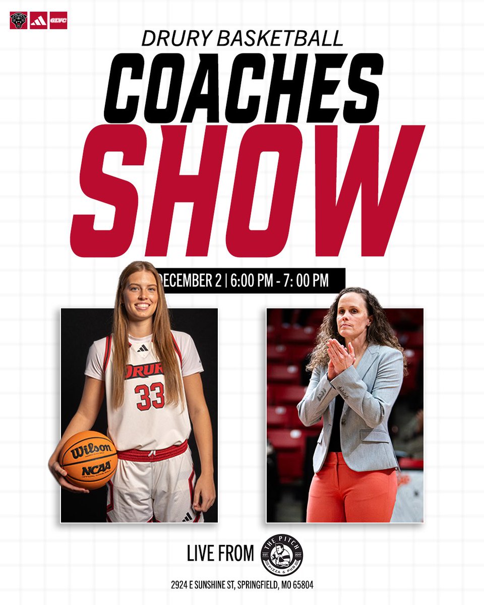 See you tonight at The Pitch Pizza and Pub for the Drury Basketball Coaches Show with Kaci Bailey and Sara Mendel. 

If you are unable to attend listen on DU All-Access. 

drurypanthers.com/watch/

#OneDrury