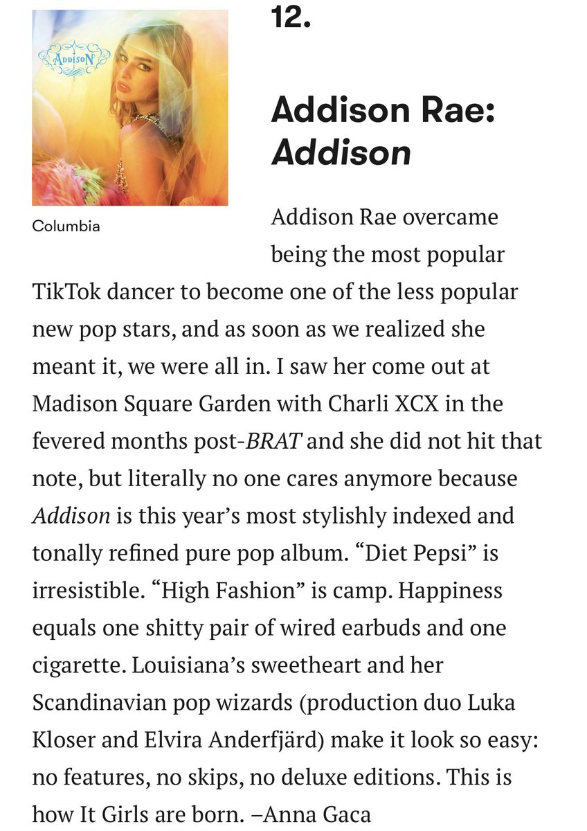 Pitchfork ranks ‘Addison’ by Addison Rae 12th in The 50 Best Albums of 2025!