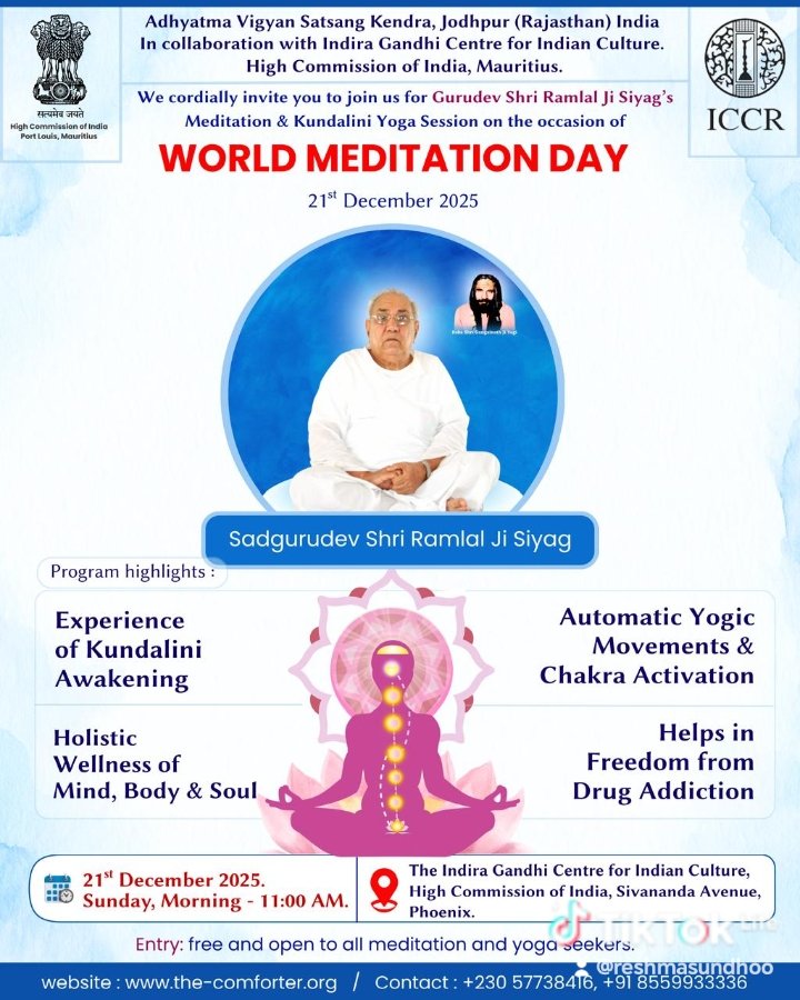 🌍 WORLD MEDITATION DAY 2025
🧘‍♂️ Global Celebration of Inner Peace &amp; Kundalini Awakening
Join us for a powerful Meditation &amp; Kundalini Yoga Session by the Disciple of 
Gurudev Shri Ramlal Ji Siyag,
organised by Adhyatma Vigyan Satsang Kendra, Jodhpur (India)
in association