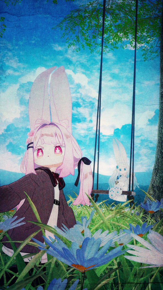 ちょうど二人が乗れそうなブランコがあったので遊ぼうとするみみのこ