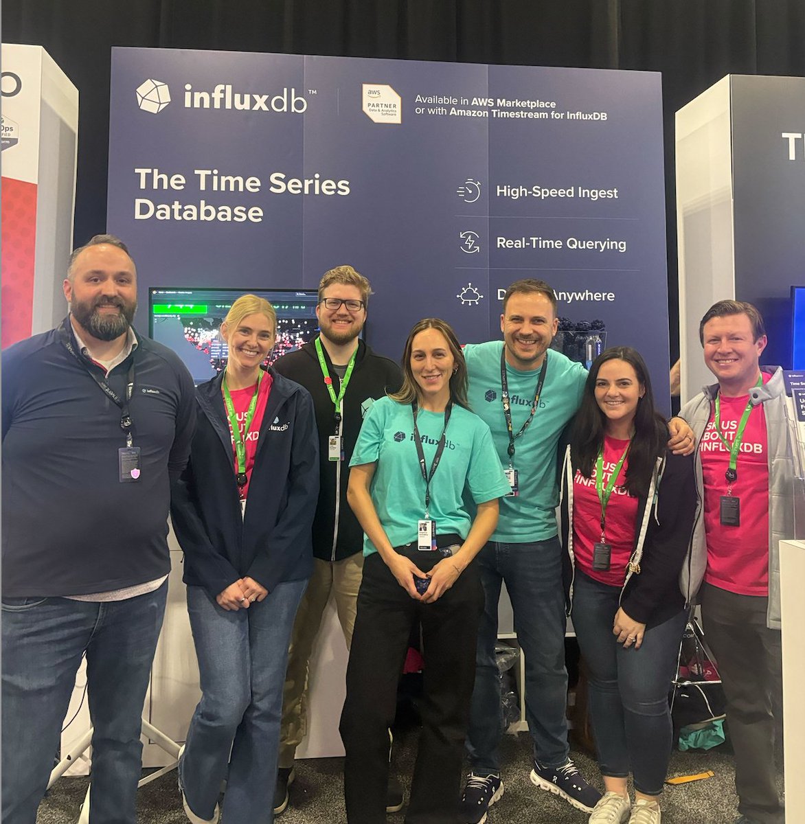 InfluxDB's tweet image. The InfluxData team is in full swing at #AWSreInvent 2025! 

Swing by booth #151 to chat with our team about building real-time systems with InfluxDB 3 on AWS.  

Stop by to see Amazon Timestream for InfluxDB in action, chat about managing time series data at scale, or enter our…