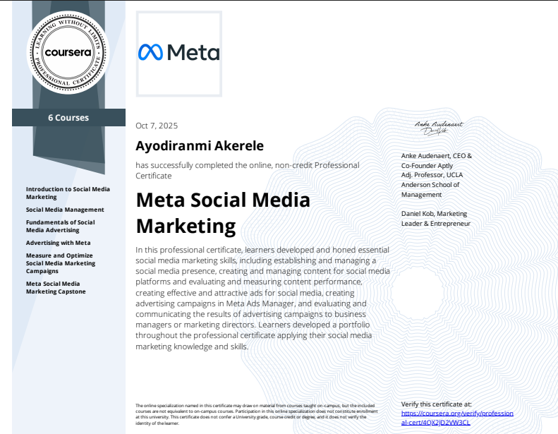 ayodiranmi's tweet photo. I completed Meta Social Media Marketing Non Credit Professional Certificate! Check out my certificate https://t.co/TOjUuFeSyI
 
#Coursera #DigitalMarketing #DigitalMarketer #SocialMediaMarketing #SocialMediaManager #Ecommerce #MetaSocialMediaMarketing
#Meta https://t.co/zYFnOp6aff