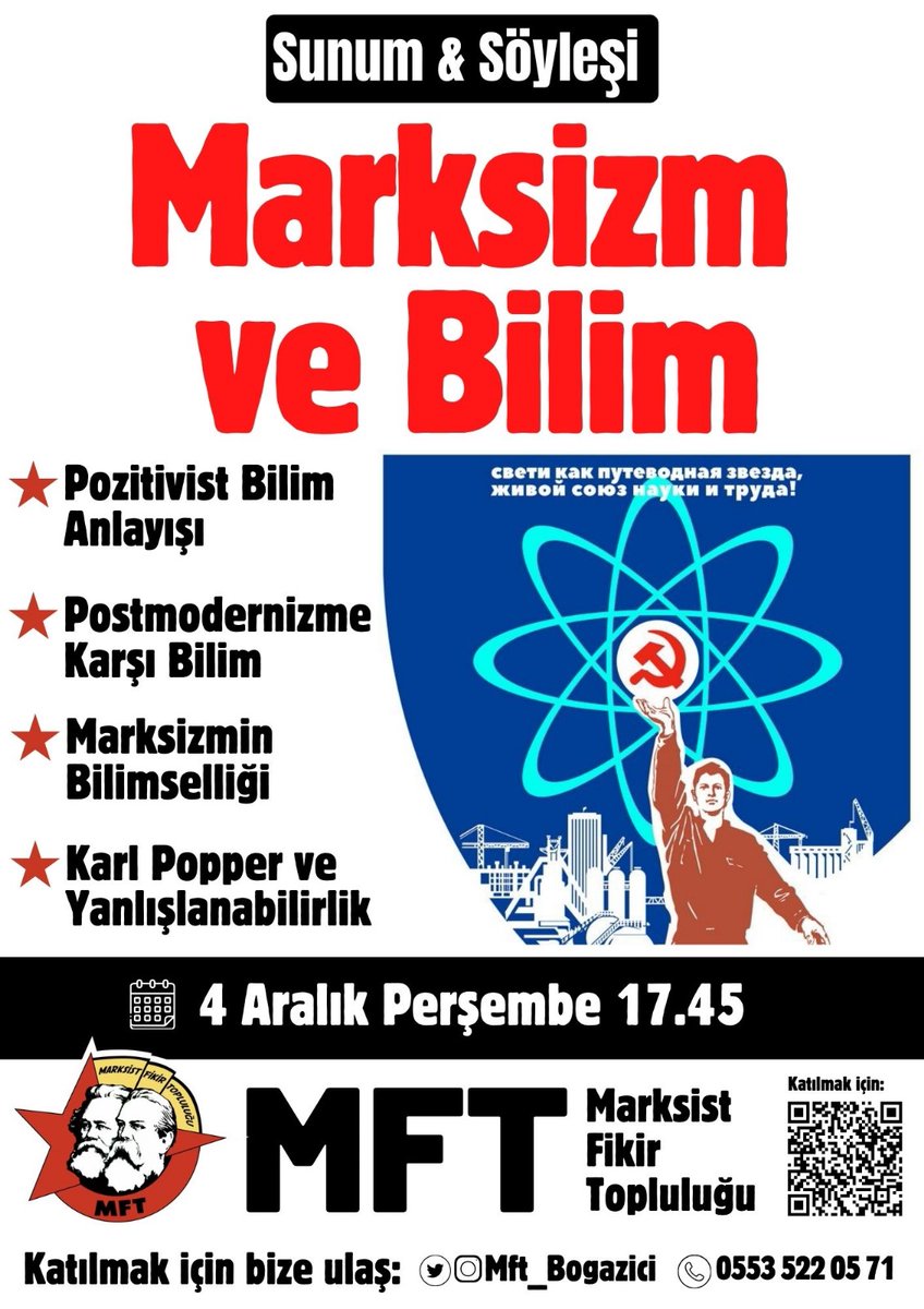 📢. MFT'de bu hafta 
Marksizm ve Bilim başlıklı etkinliğimizde Marksizmin bilime yaklaşımını diğer akımlarla kıyaslayarak ele alacağız.
Tüm dostlarımız davetlidir 🚩
📅 4 Aralık Perşembe 17.45