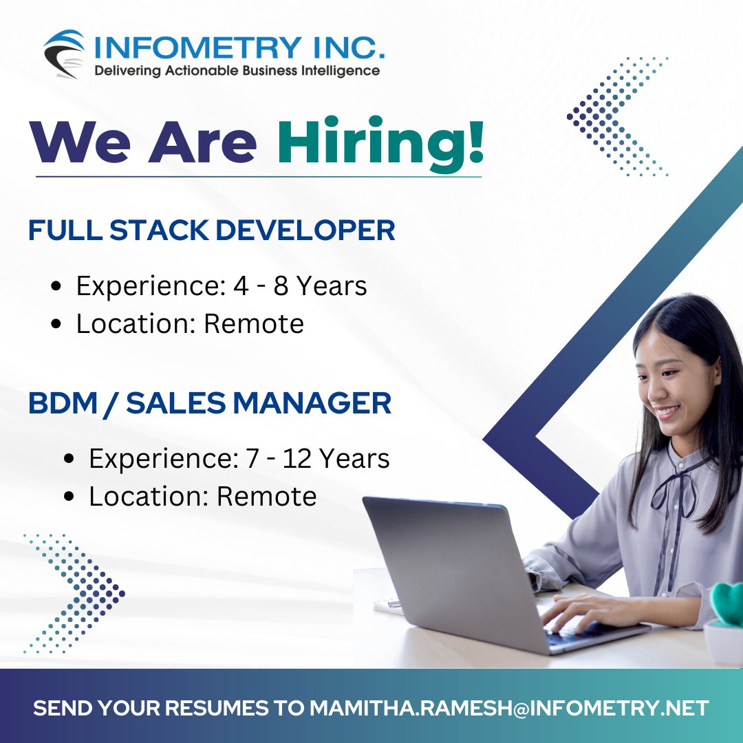 Infometryinc's tweet image. 🚀 Infometry Inc Hiring!
➡️ Full Stack Developer (4–8 years)
➡️ BDM / Sales Manager (7–12 years)

👉 Send your resume to: mamitha.ramesh@infometry.net
or Apply online: zurl.co/Lx6BR

#WeAreHiring #FullStackDeveloper #SalesManager #RemoteJobs #TechJobs #Infometry