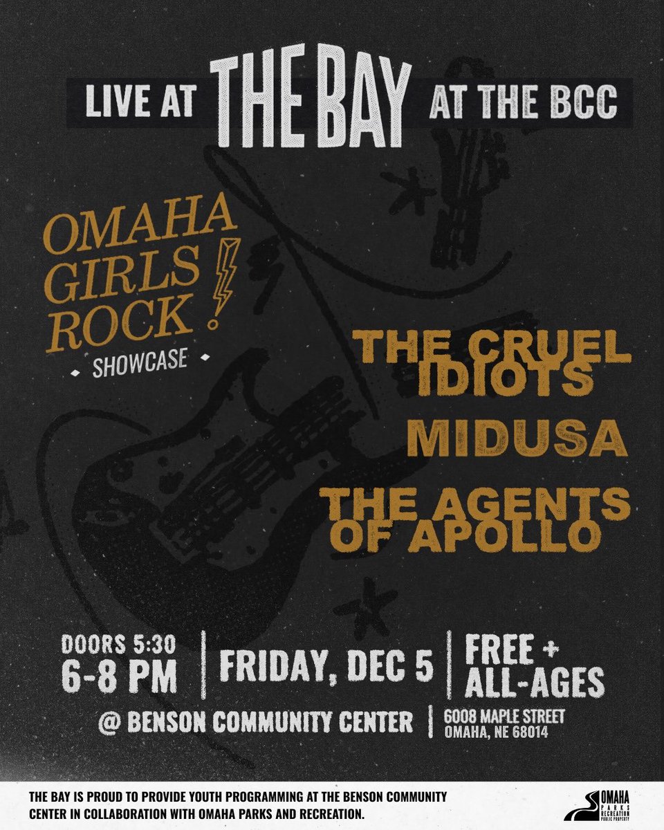 Benson First Friday is about to rock! 🤘
Join us 12/5 for a special Omaha Girls Rock showcase with The Cruel Idiots, Midusa, and The Agents of Apollo.
Doors at 5:30 | Music at 6 | Free + all-ages
See you at the Benson Community Center!