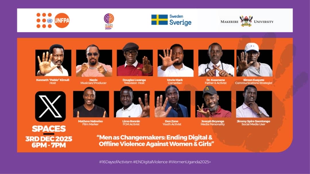 Tomorrow, 6–7 PM ⏰
Join <a href="/UNFPAUganda/">UNFPA in Uganda</a> X-Space as part of the #16DaysOfActivism, as male changemakers use their voices to challenge violence against women &amp; girls—online and offline.