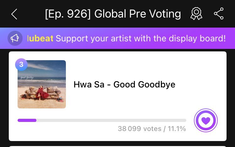 🚨 ‼️ 

Twits and everyone who wants to help Hwasa win, we are at n3 please don’t forget to collect/buy and vote. 

We are a small fandom so every vote counts, and if anyone who loved Hwasa’s song and performance wants to help us get Good Goodbye a 1st win it would be great!