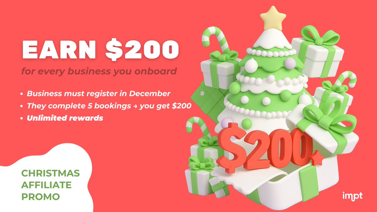 IMPT_token's tweet image. 🎄 $IMPT Christmas Affiliate Promo is LIVE!
Here’s how it works:
✨ Register a business on IMPT in December 2025
✨ They get access to the lowest hotel rates + automatic carbon offsetting
✨ Once they hit 5 bookings → you get $200
✨ Unlimited businesses. Unlimited rewards!