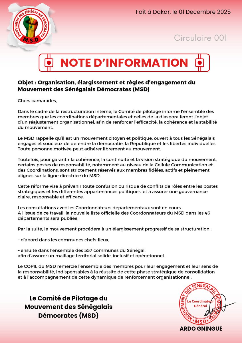 MSD_Officielle's tweet photo. Dans le cadre de la restructuration interne, le COPIL du @MSD_Officielle informe les membres que les coordinations départementales et celles de la diaspora feront l’objet d’un réajustement organisationnel, afin de renforcer l’efficacité, la cohérence et la stabilité du mouvement. https://t.co/iMbtOIXEeO