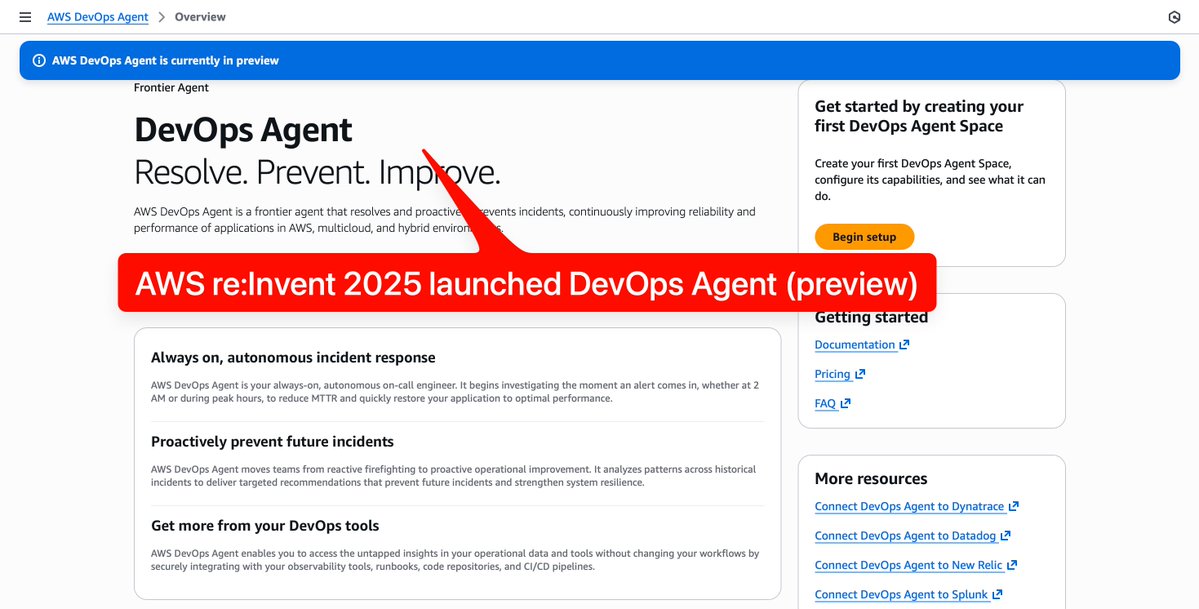 imjatinmehrotra's tweet image. @awscloud  launched AWS DevOps Agent (free preview). It auto-investigates incidents, gives fix steps, rolls back when needed, sends updates to Slack, and can open AWS Support cases. Uses Agent Spaces + a web app and integrates with EKS, CloudWatch, Datadog, GitHub, and GitLab.