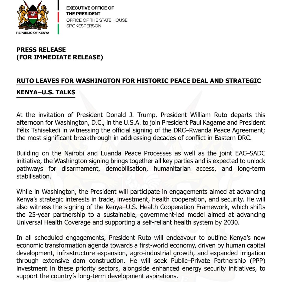 DanChepta's tweet image. President Ruto leaves for Washington, D.C.

This evening  at the invitation of President Donald Trump.
